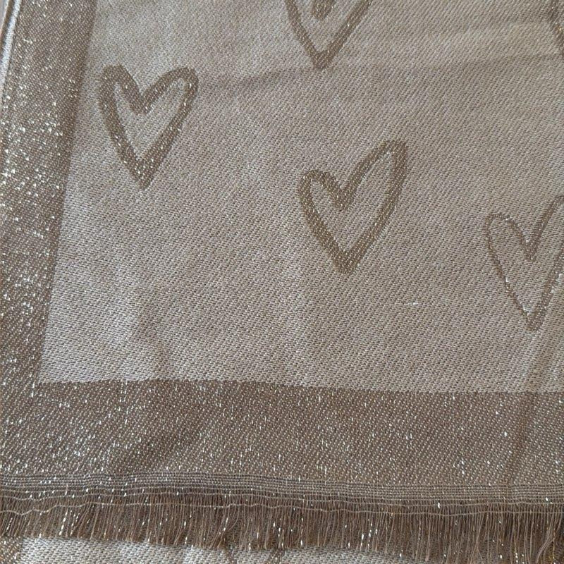 Écharpe Beige Motifs Cœurs Brillants 80% Viscose 20% Fibre Matérialisée 67x190 cm Idéale pour Divers Looks