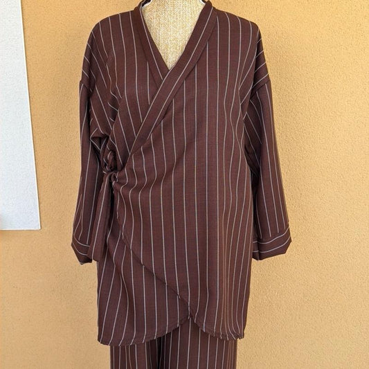 DAISIE HOME - SEYRAN Ensemble rayure effet lin 2 pièces kimono cache cœur et pantalon large - Taille Unique