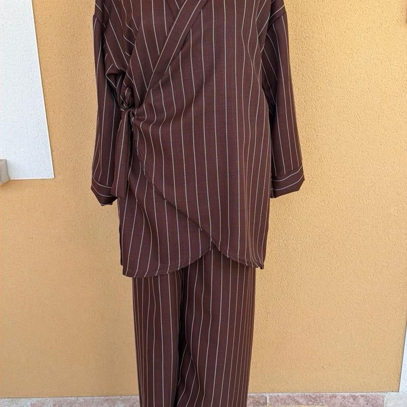 DAISIE HOME - SEYRAN Ensemble rayure effet lin 2 pièces kimono cache cœur et pantalon large - Taille Unique