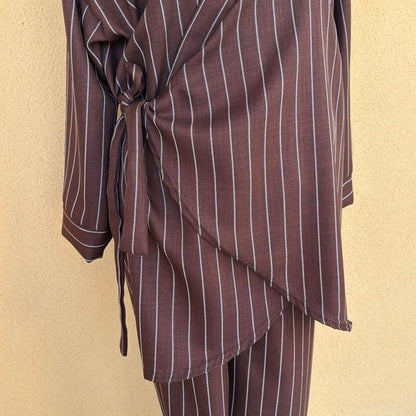DAISIE HOME - SEYRAN Ensemble rayure effet lin 2 pièces kimono cache cœur et pantalon large - Taille Unique